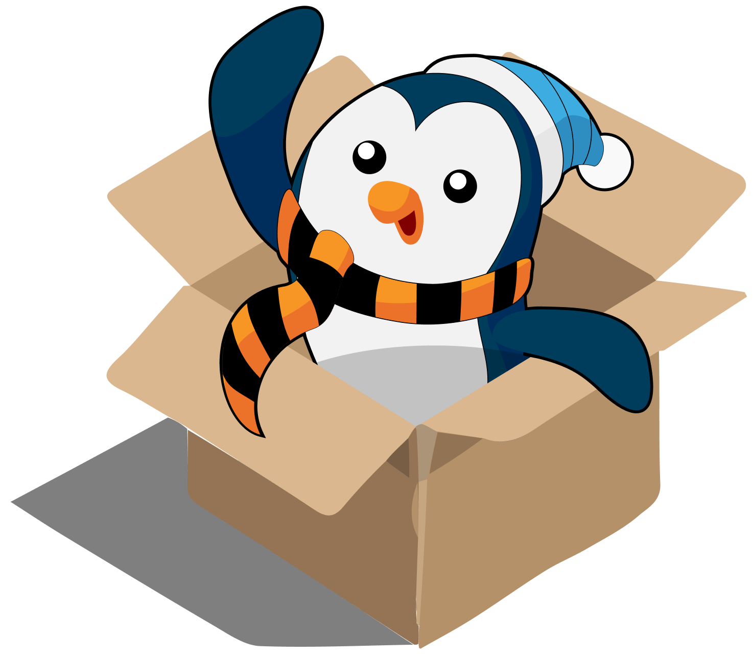 Pinguim da campanha usando um laranja e preto saindo de uma caixa de papelão