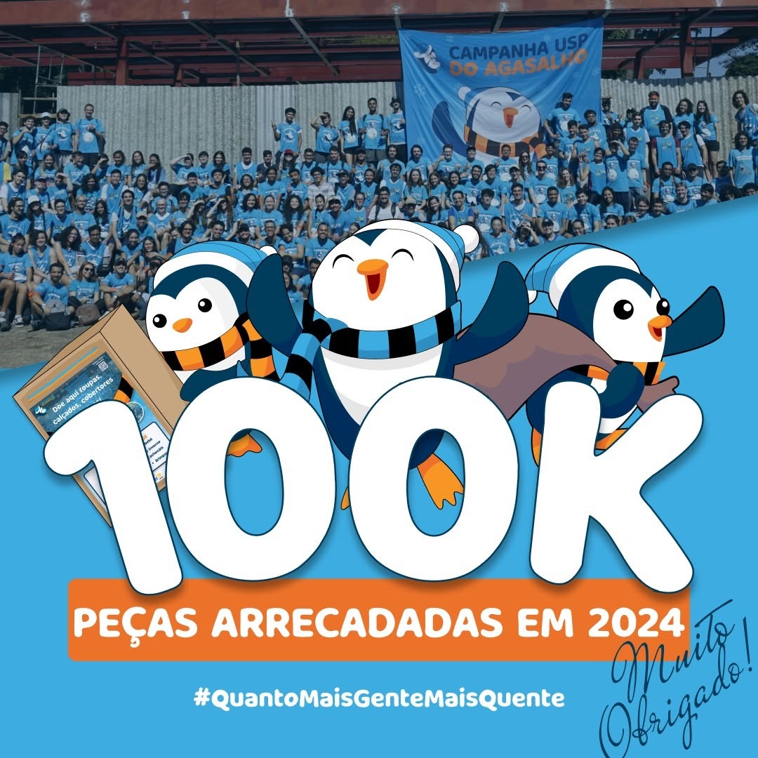 Foto dos voluntários da camapanham com 3 Pinguins da camapanha sobrepostos com um texto escrito 100k simbolizando as 100 mil doações realizadas