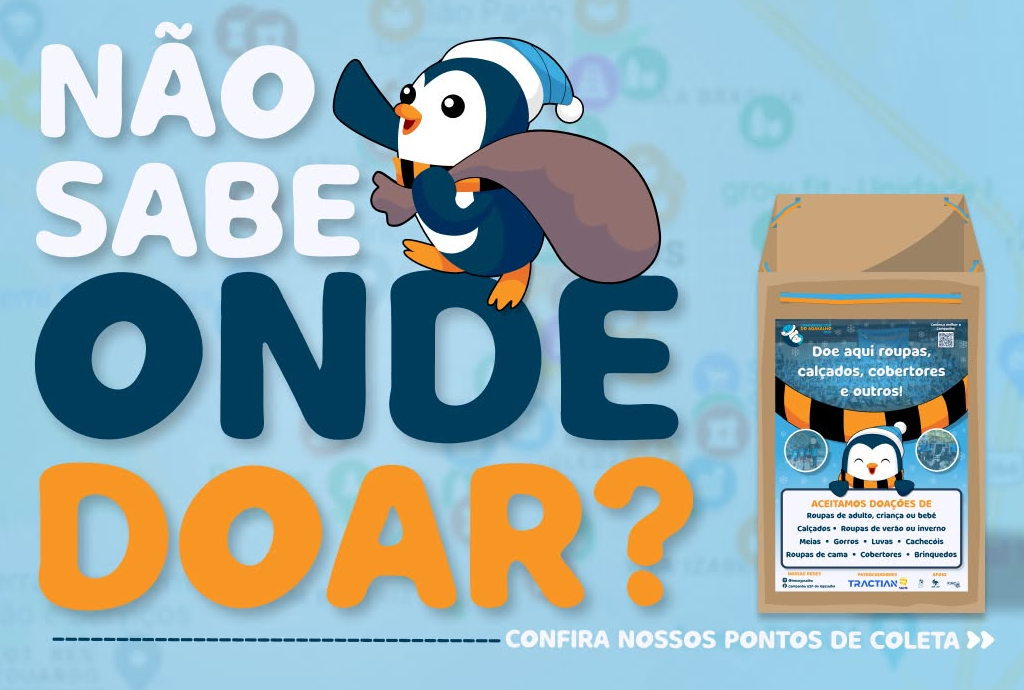 Pinguim da campanha com um texto escrito: não sabe onde doar?